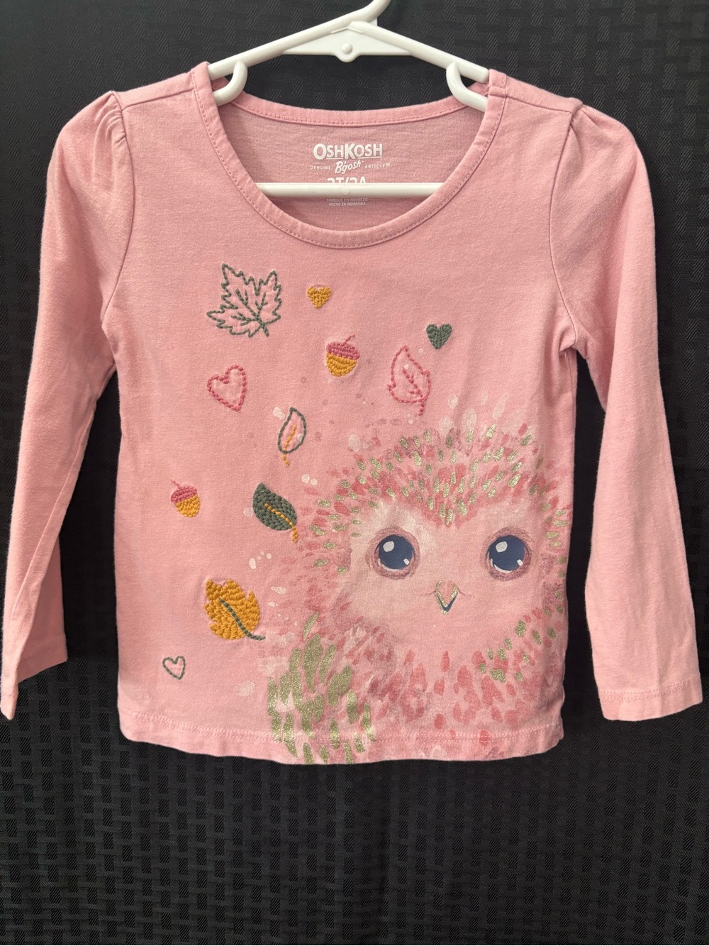 OshKosh B'gosh Pink Long-Sleeve Owl Tee with Embroidered Leaves